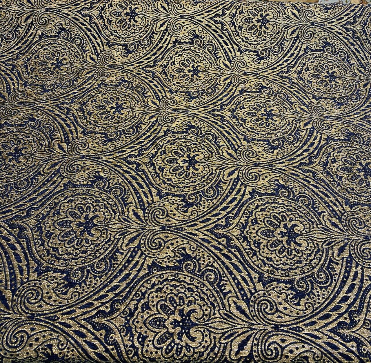 1 Yard Damask Upholstery Fabric in Navy Blue Gold and Silver 58 inch Width